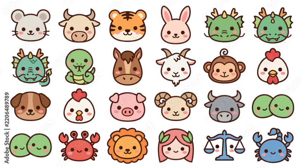Fototapeta premium Cute animal faces zodiac symbols icons