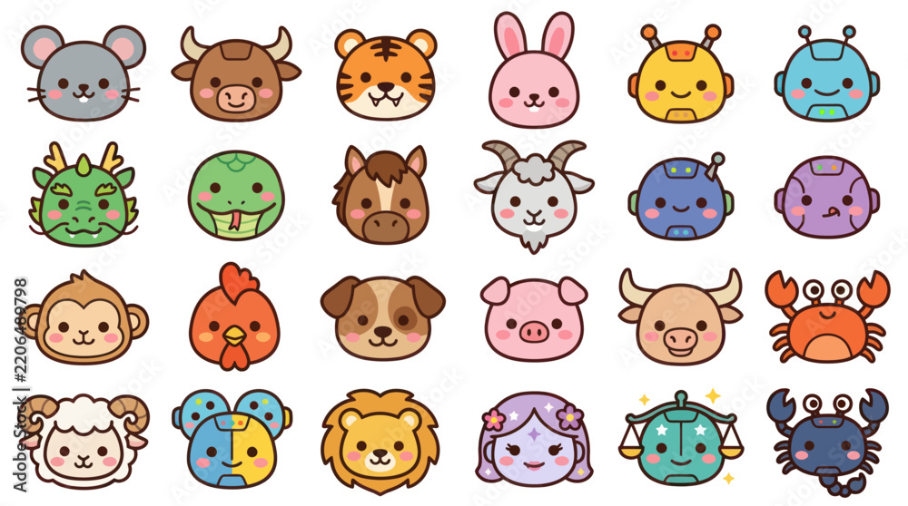Obraz premium Cute animal faces zodiac symbols robot icons