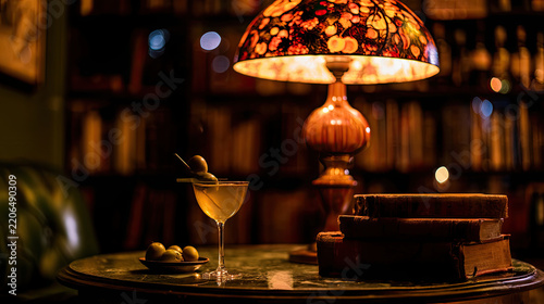 urban speakeasy ambiance behind a bookstore with bokeh lighting