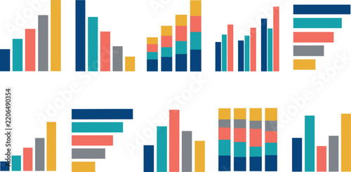 Bar chart diagram icons display various business data and statistics.