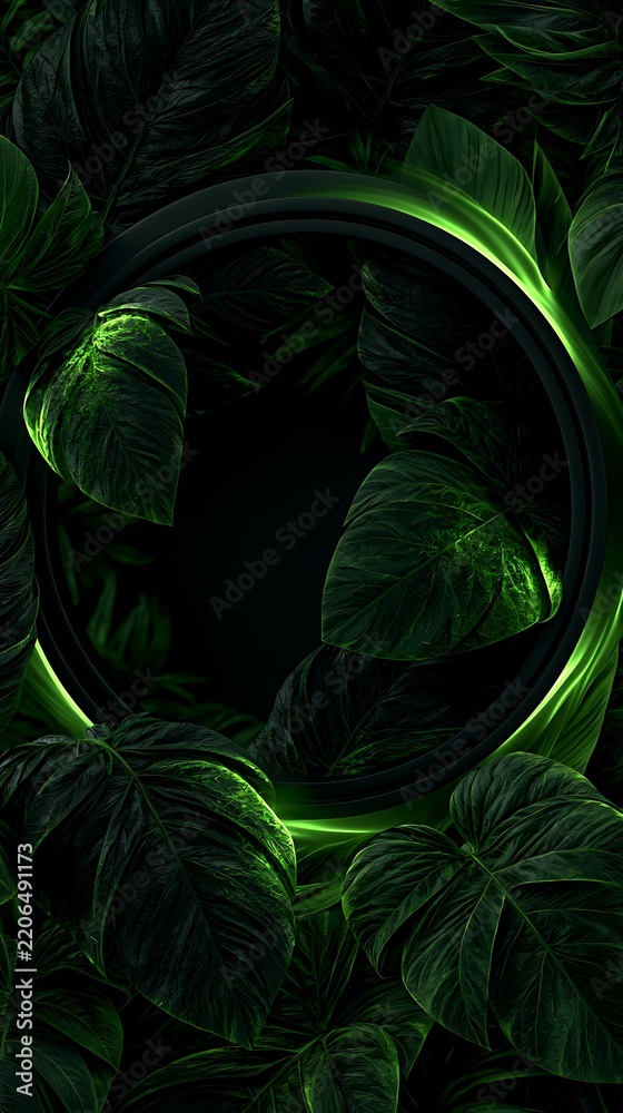 Obraz premium Futuristic glowing neon green circle frame surrounded by dark tropical jungle foliage
