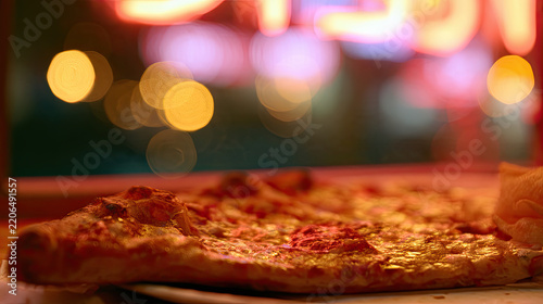 transparency pizza slice on window with neon bokeh effect