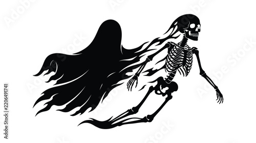 Flying skeleton wearing long black flowing cape illustrated with sharp lines in a minimalist style