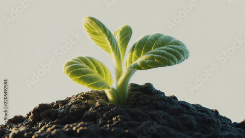 Young green plant seedling growing from dark soil, soft light sprout growth new life