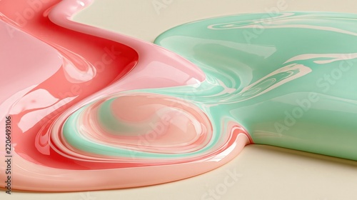 Glossy claymation scene of a candy-pink stream and a mint stream swirling together into one glossy spiral, with soft shadows and a calm composition