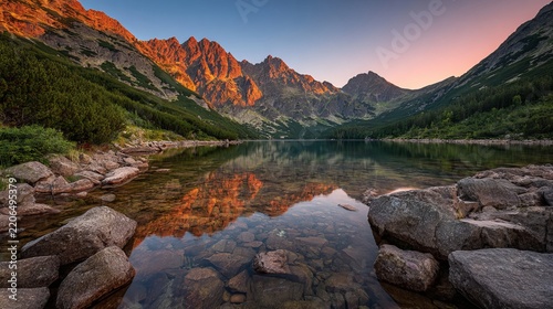 Sunrise over a mountain lake in tatra national park, poland, with golden dawn light and scenic alpine landscape
