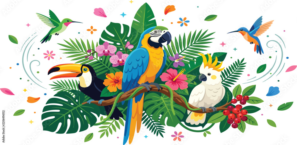 Obraz premium Exotic Tropical Birds Vector Composition with Macaw, Toucan, Cockatoo, and Hummingbirds in Rainforest Jungle Leaves and Hibiscus Flowers for Summer Banner Designs