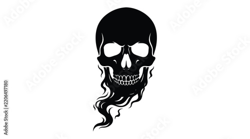 Detailed skull graphic illustration featuring elegant flowing smoke elements created in a minimalist black vector style