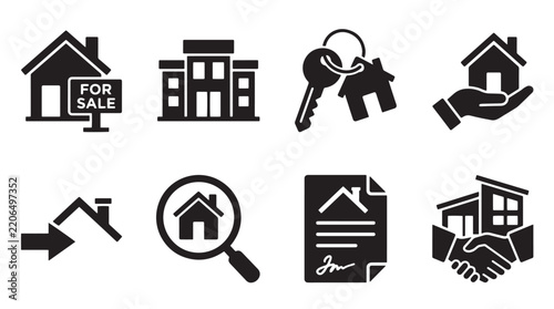 Real Estate Icon Set Black Flat Vector Illustration