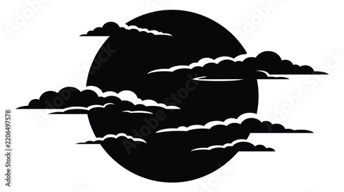Minimalist black circle silhouette featuring stylized fluffy clouds in a bold graphic vector art style design