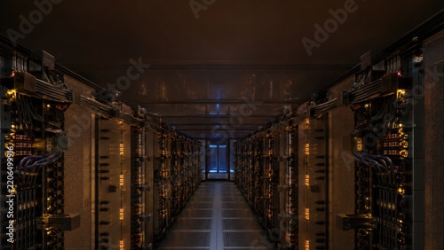 Warm glowing corridor of enterprise server racks in hyperscale data center aisle mockup