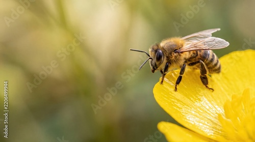 Macro honey bee on yellow flower, honeybee pollinating wild spring bloom