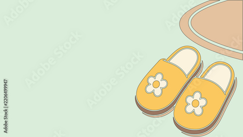 Bright yellow floral slippers on a soft mint green background with simple outlined shapes and open copy space ideal for fashion lifestyle summer footwear and casual design projects