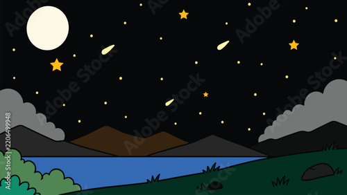 Flat night landscape with a large moon, stars, shooting stars, mountains, clouds, blue lake, green hills, bushes and rocks.