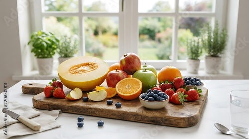 Fresh assorted fruits on a wooden cutting board with natural window light
