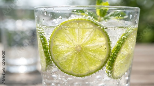 Fresh lime slices in a glass of sparkling carbonated water with mint