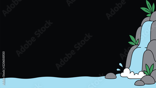 Minimal waterfall landscape with blue water gray rock and green plants on dark background with copy space ideal for nature travel spa relaxation posters banners and creative design