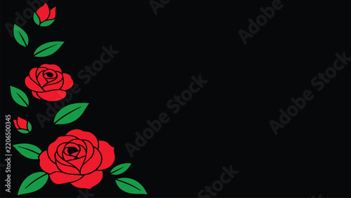 Elegant red roses and green leaves arranged along a black background with copy space ideal for wedding invitations romance posters greeting cards beauty branding and floral designs