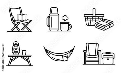 Camping and picnic line icons for outdoor leisure and relaxation.