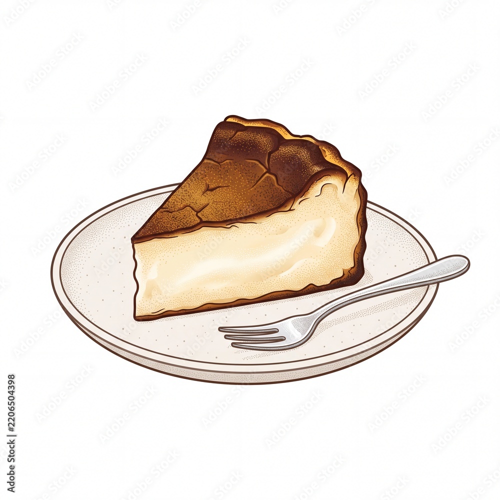 Obraz premium Slice of Basque Burnt Cheesecake on a Plate Illustration