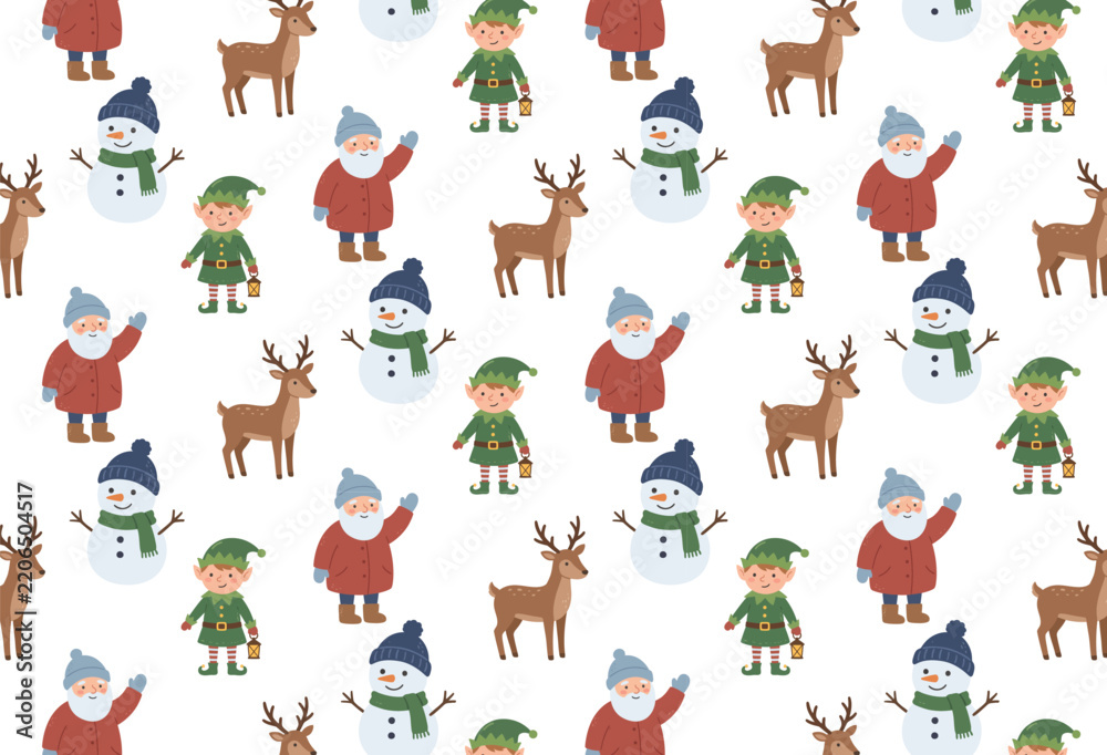 Fototapeta premium Festive winter holiday characters elves, snowmen, reindeer, and festive figures arranged in a charming seamless pattern illustration, perfect for seasonal designs