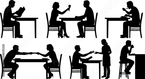 Silhouettes of people dining and drinking in a restaurant vector illustration