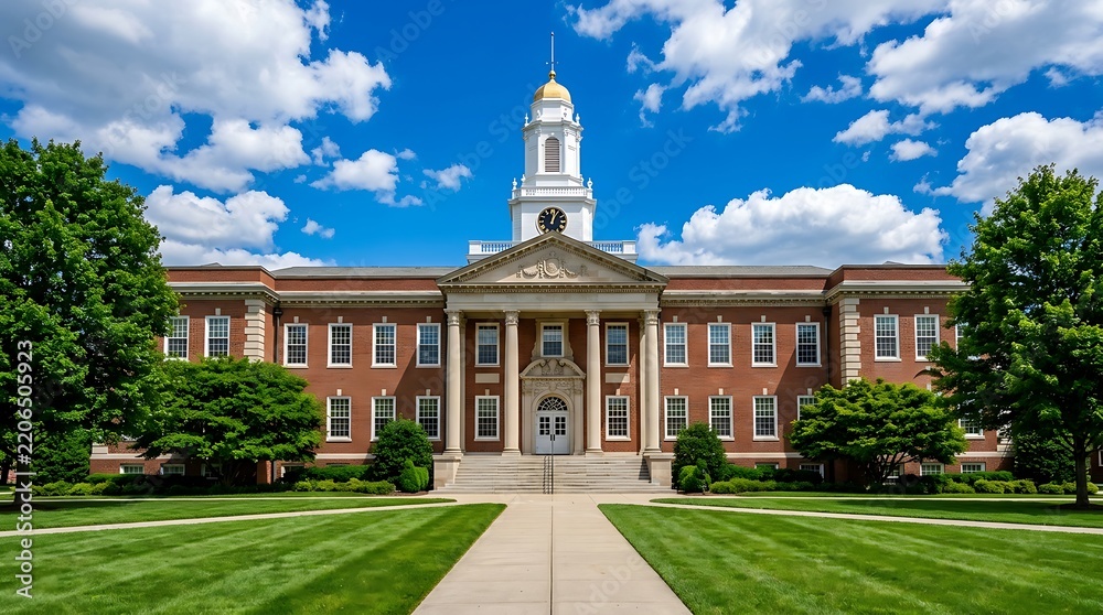 Obraz premium Historic brick university building with central clock tower and green lawn under bright blue sky during sunny daytime