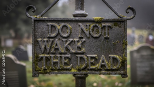 Spooky Cemetery Sign Warning Not to Wake the Dead in Foggy Atmosphere