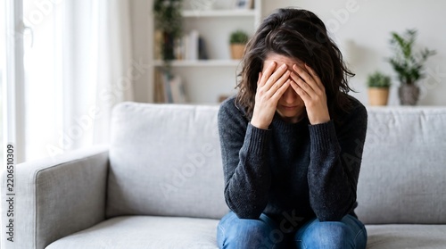 A distressed woman sits alone on a couch, covering her face with her hands, appearing overwhelmed and sad.