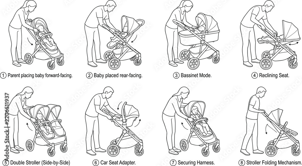 Obraz premium Baby Stroller Configurations and Safety Features Illustrated Instructional Vector Set