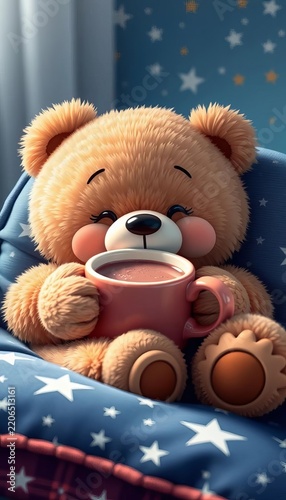 Cuddly cartoon bear snuggled up with hot chocolate mug on blue starry cushion, cozy, bear