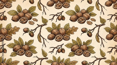 Vintage Hand Drawn Walnut Seamless Pattern with Shelled Nuts Branches and Green Leaves on Textured Beige Background