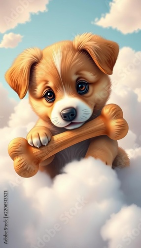 Adorable puppy playing with a bone clipart, surrounded by fluffy clouds, lively, silly