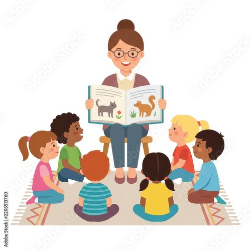 Teacher reading a storybook to diverse children in preschool