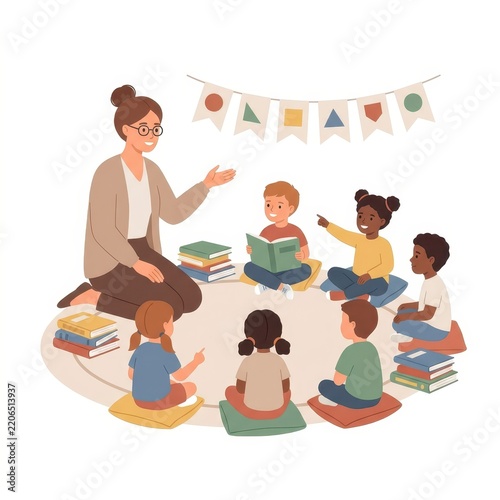 Teacher reading story to children in kindergarten