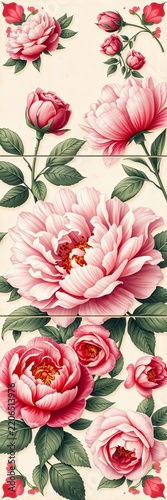 Vintage-inspired botanical tile design featuring peonies and roses, trees, pattern