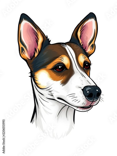 Whimsical illustration of a Jack Russell Terrier's face, eyes, ||whimsical