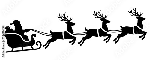 Santa claus in his sleigh pulled by flying reindeer silhouette with christmas sleigh holiday silhouette reindeer team christmas eve black icon
