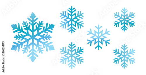 Collection of various blue snowflake illustrations isolated on a white background with winter season ice crystal christmas decoration snow icon