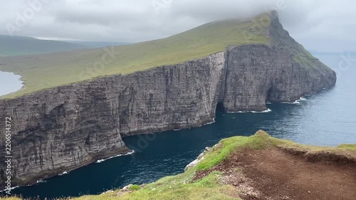 Sørvágsvatn (also called Leitisvatn), Lake above the Ocean located on Vágar Island, Faore Islands on Moody Day in Summer