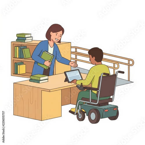 Disabled student in wheelchair at library desk with librarian