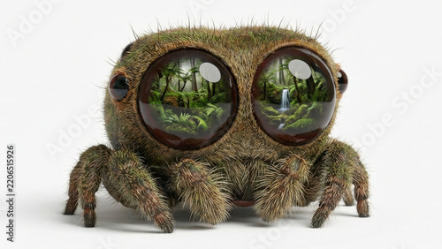 Furry spider with big eyes and rainforest reflection evokes curious wonder