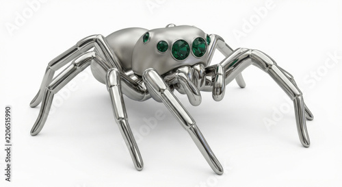 Silver spider sculpture with green gemstone eyes expressing quiet rarity