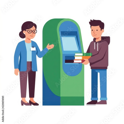 Student returning books at library kiosk