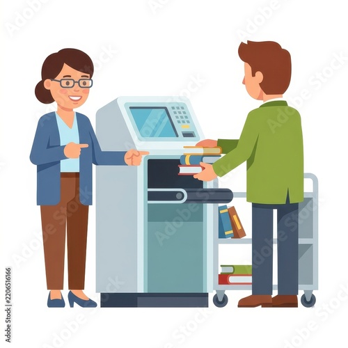 Librarian assisting patron at self-checkout machine
