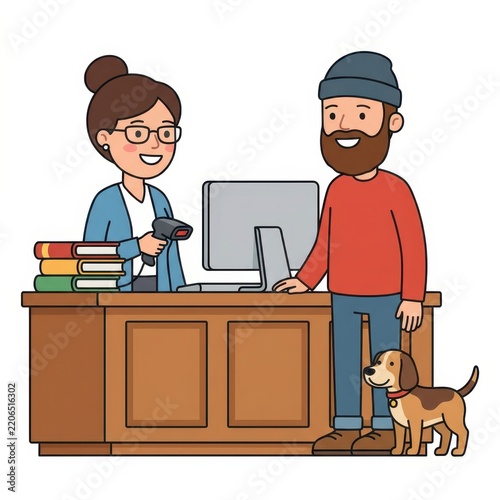 Librarian scanning books for a patron with a dog