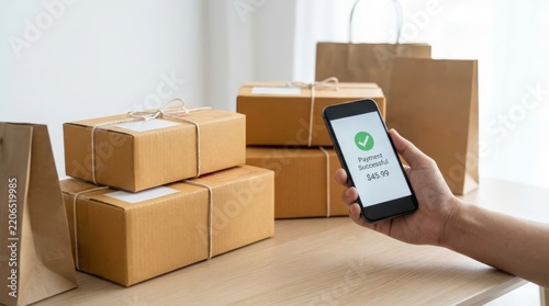 Hand holding phone with successful payment notification next to cardboard boxes and shipping bags for e-commerce business and delivery service concept