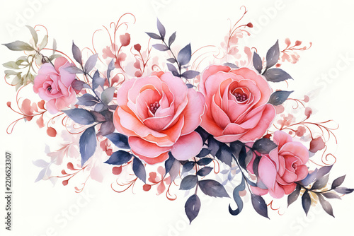 Elegant Watercolor Rose with Berries in Seamless Border for Wedding Illustration