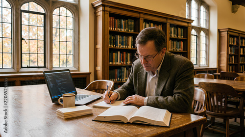 A focused man in his 50s sits at a library table with a textbook laptop and reading glasses under warm overhead lighting