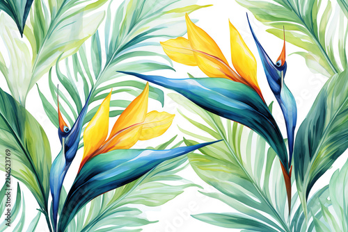 Seamless Pattern of Watercolor Bird of Paradise with Green Leaves for Exotic Wallpaper